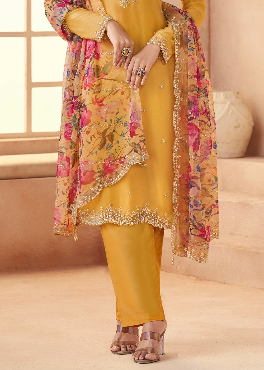 Canary Yellow Organza Chiffon Pant Suit Set with Floral Printed Dupatta