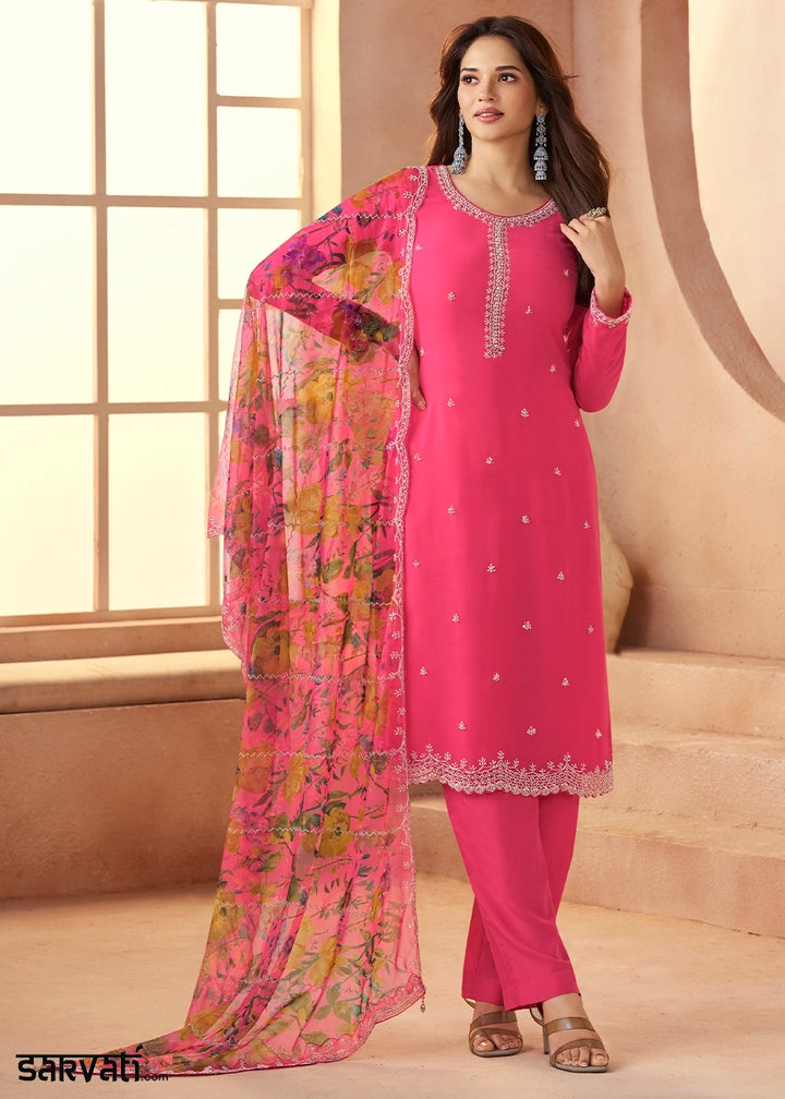 Deep Pink Organza Chiffon Pant Suit Set with Floral Printed Dupatta