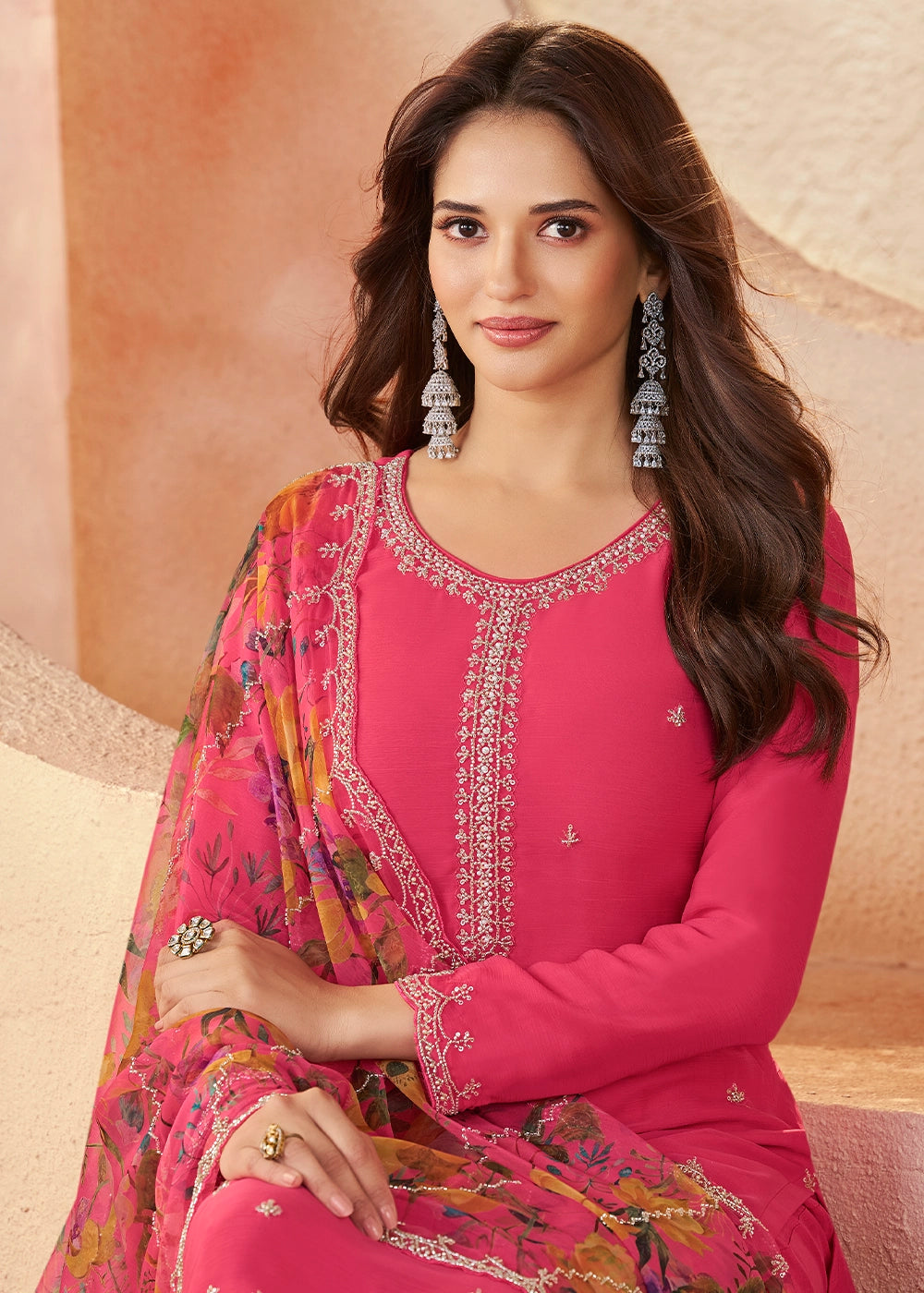 Deep Pink Organza Chiffon Pant Suit Set with Floral Printed Dupatta