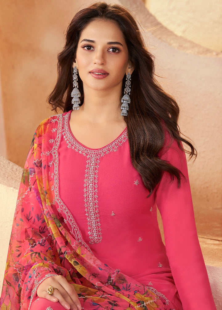 Deep Pink Organza Chiffon Pant Suit Set with Floral Printed Dupatta