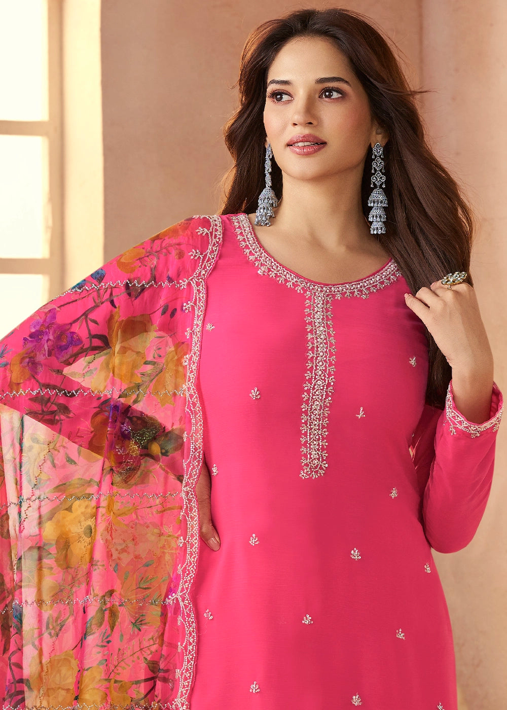 Deep Pink Organza Chiffon Pant Suit Set with Floral Printed Dupatta