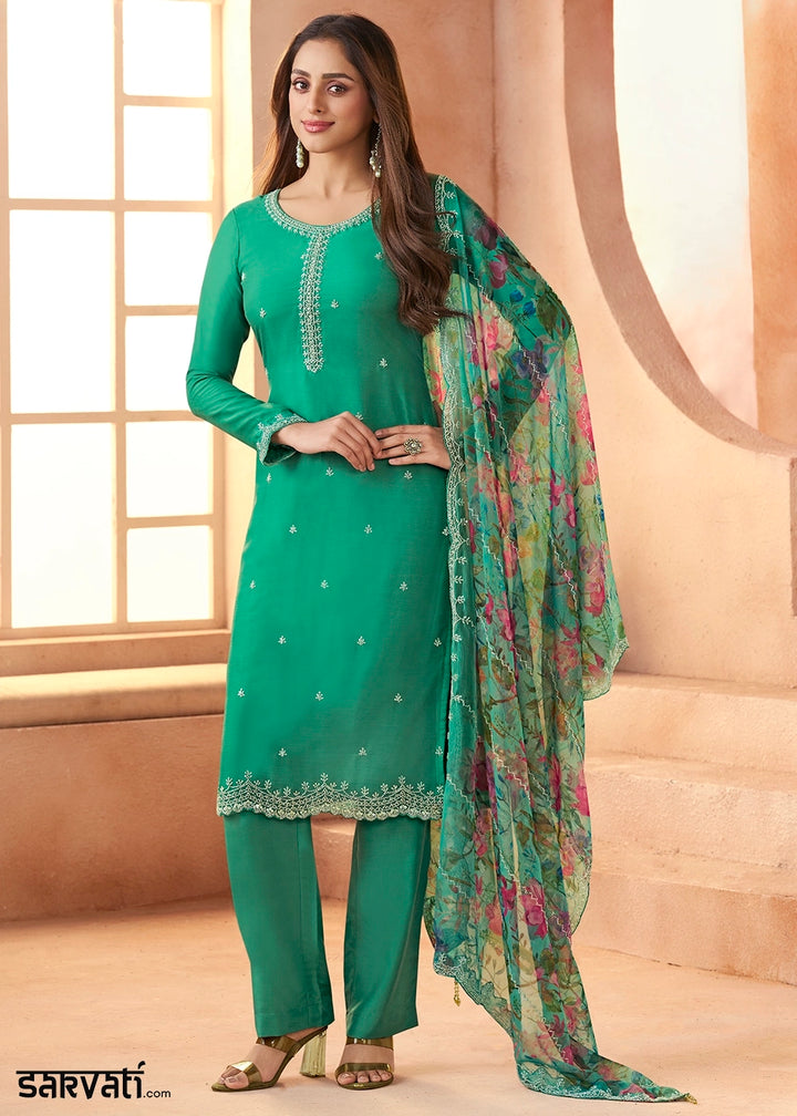 Cadmium Green Organza Chiffon Pant Suit Set with Floral Printed Dupatta