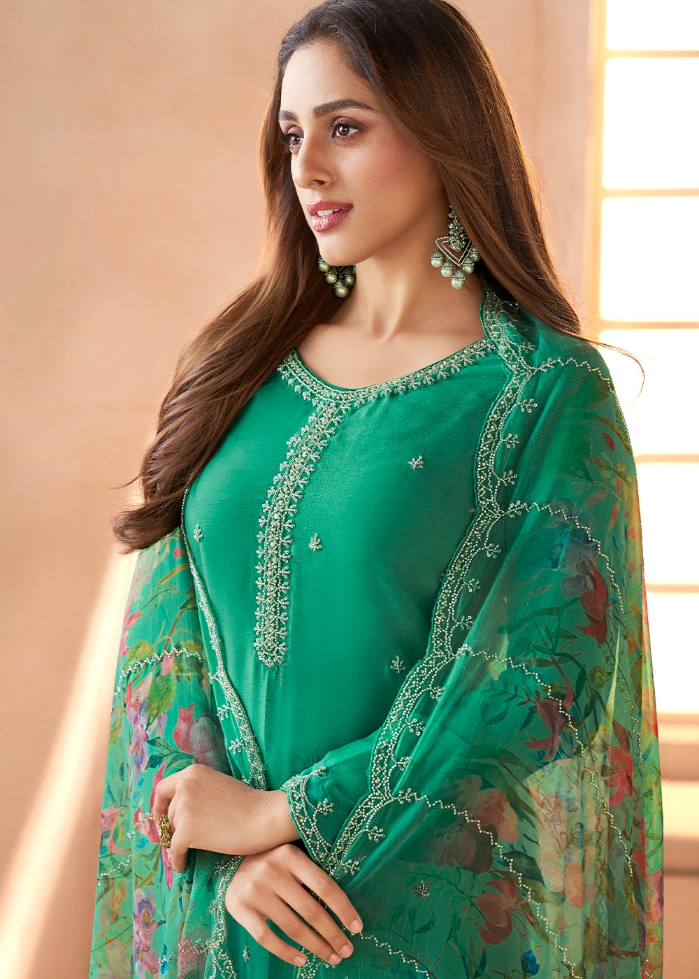 Cadmium Green Organza Chiffon Pant Suit Set with Floral Printed Dupatta