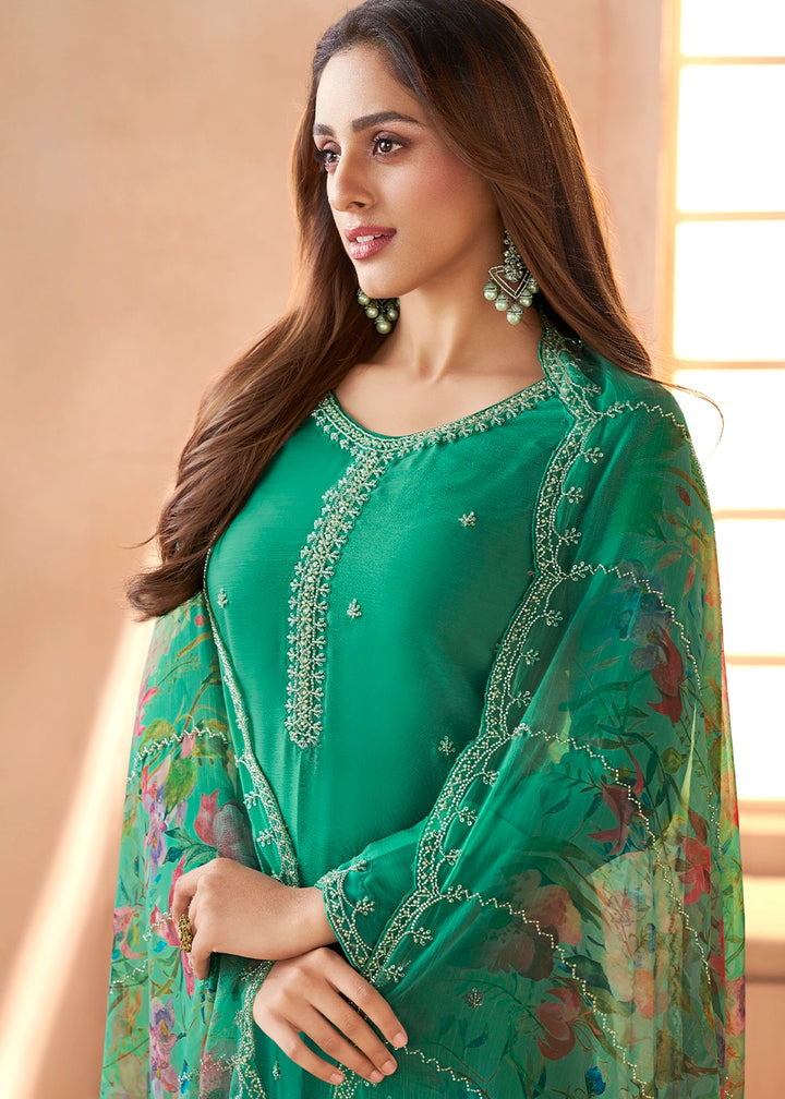 Cadmium Green Organza Chiffon Pant Suit Set with Floral Printed Dupatta