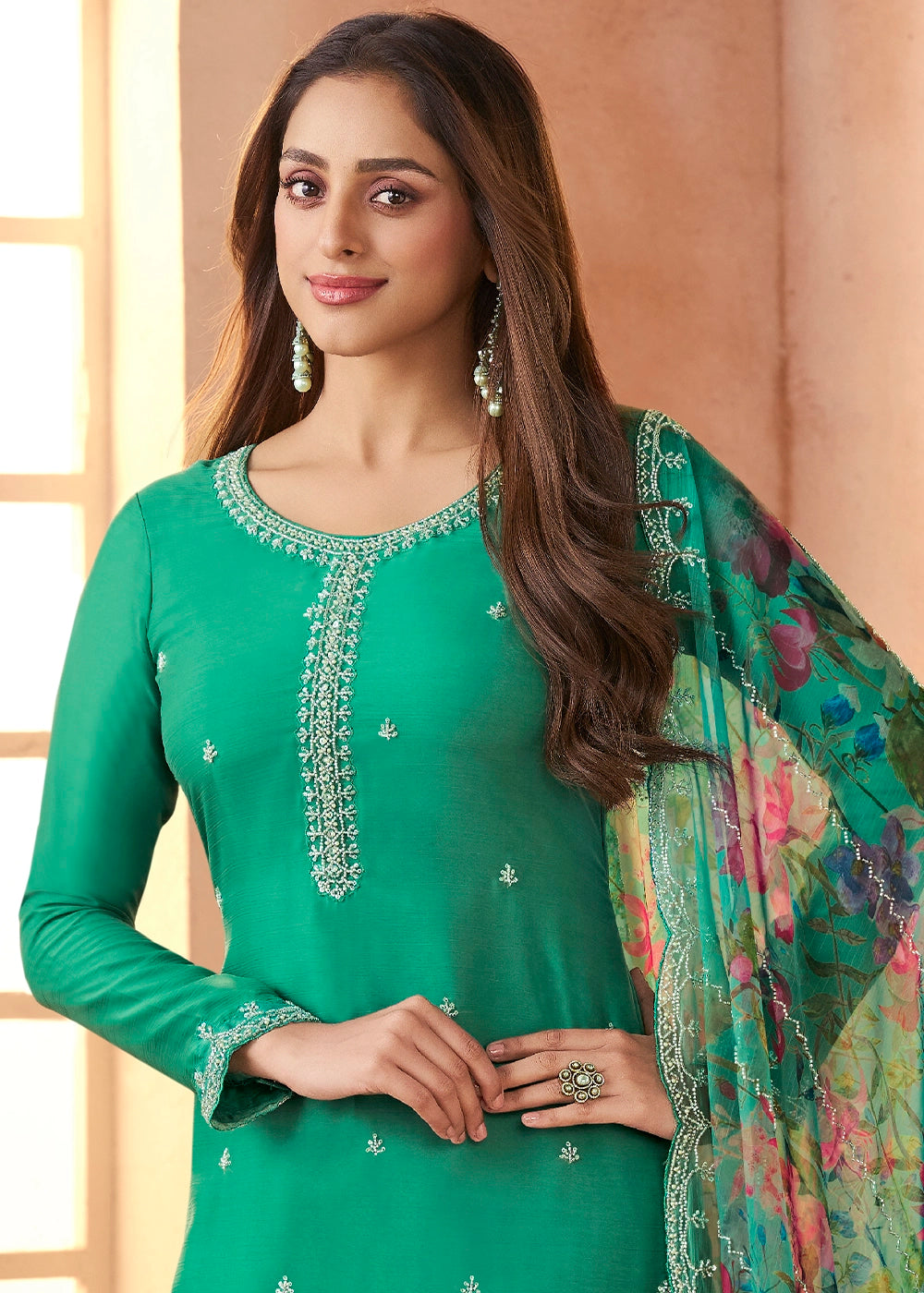 Cadmium Green Organza Chiffon Pant Suit Set with Floral Printed Dupatta