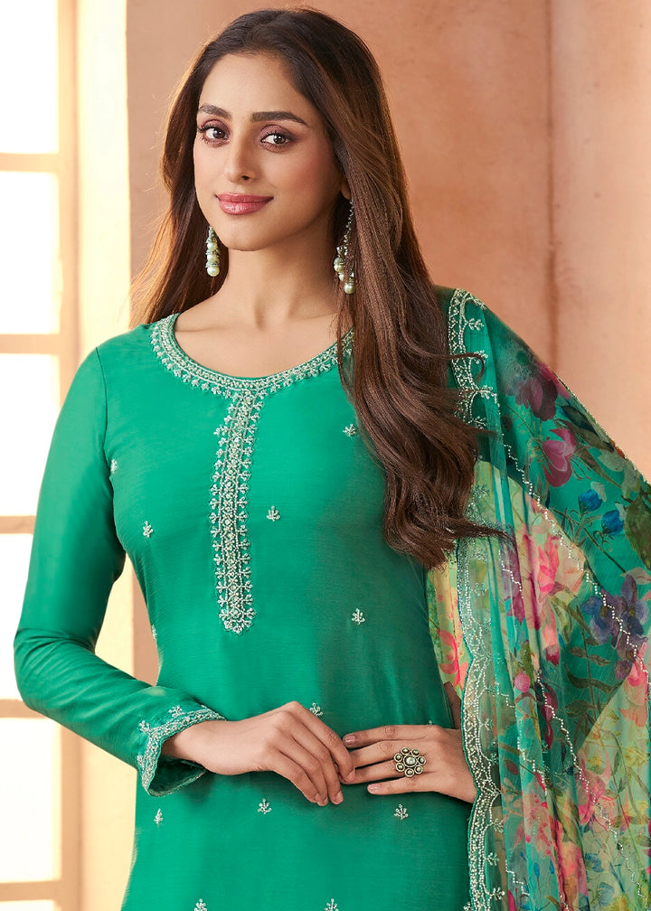 Cadmium Green Organza Chiffon Pant Suit Set with Floral Printed Dupatta