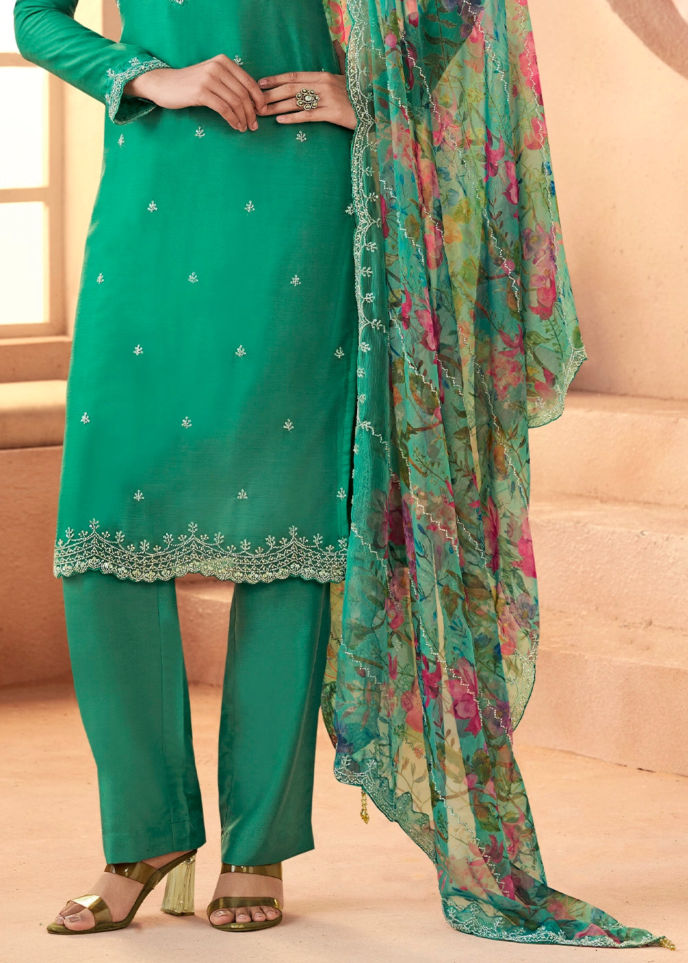 Cadmium Green Organza Chiffon Pant Suit Set with Floral Printed Dupatta