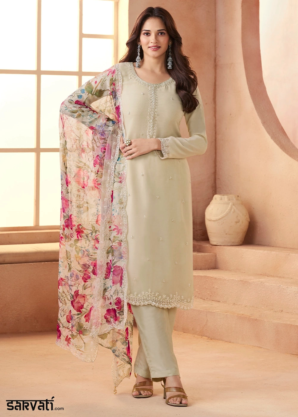 Dove Grey Organza Chiffon Pant Suit Set with Floral Printed Dupatta