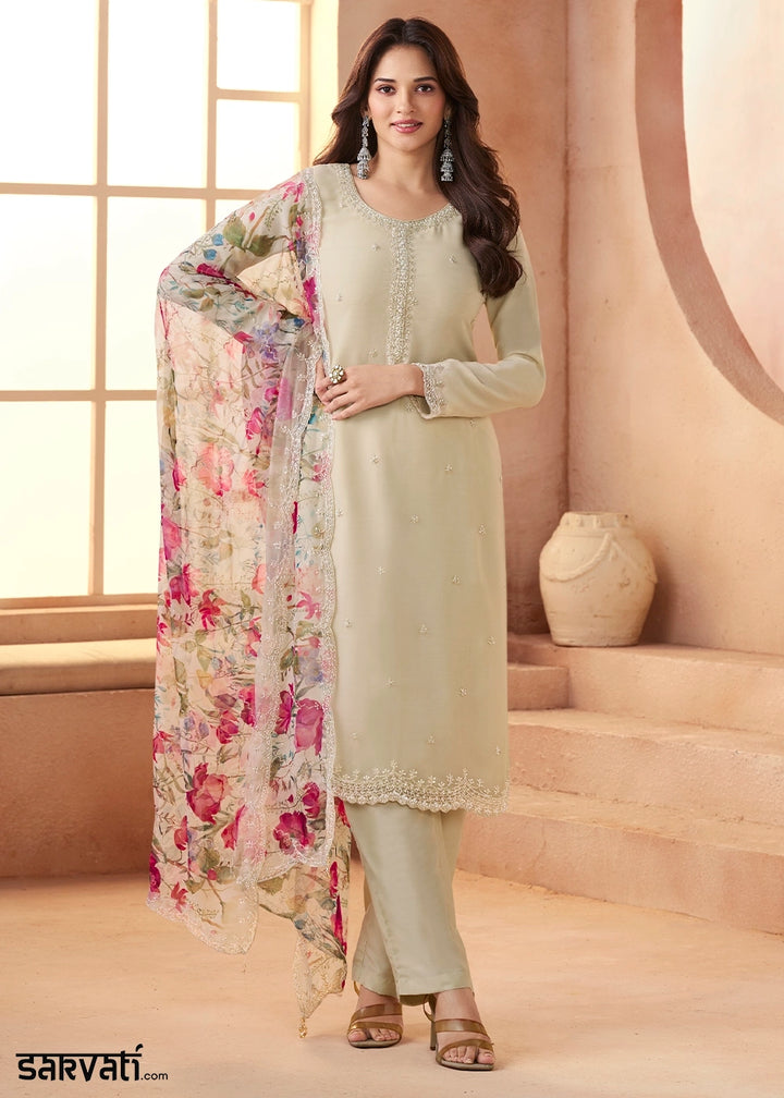 Dove Grey Organza Chiffon Pant Suit Set with Floral Printed Dupatta