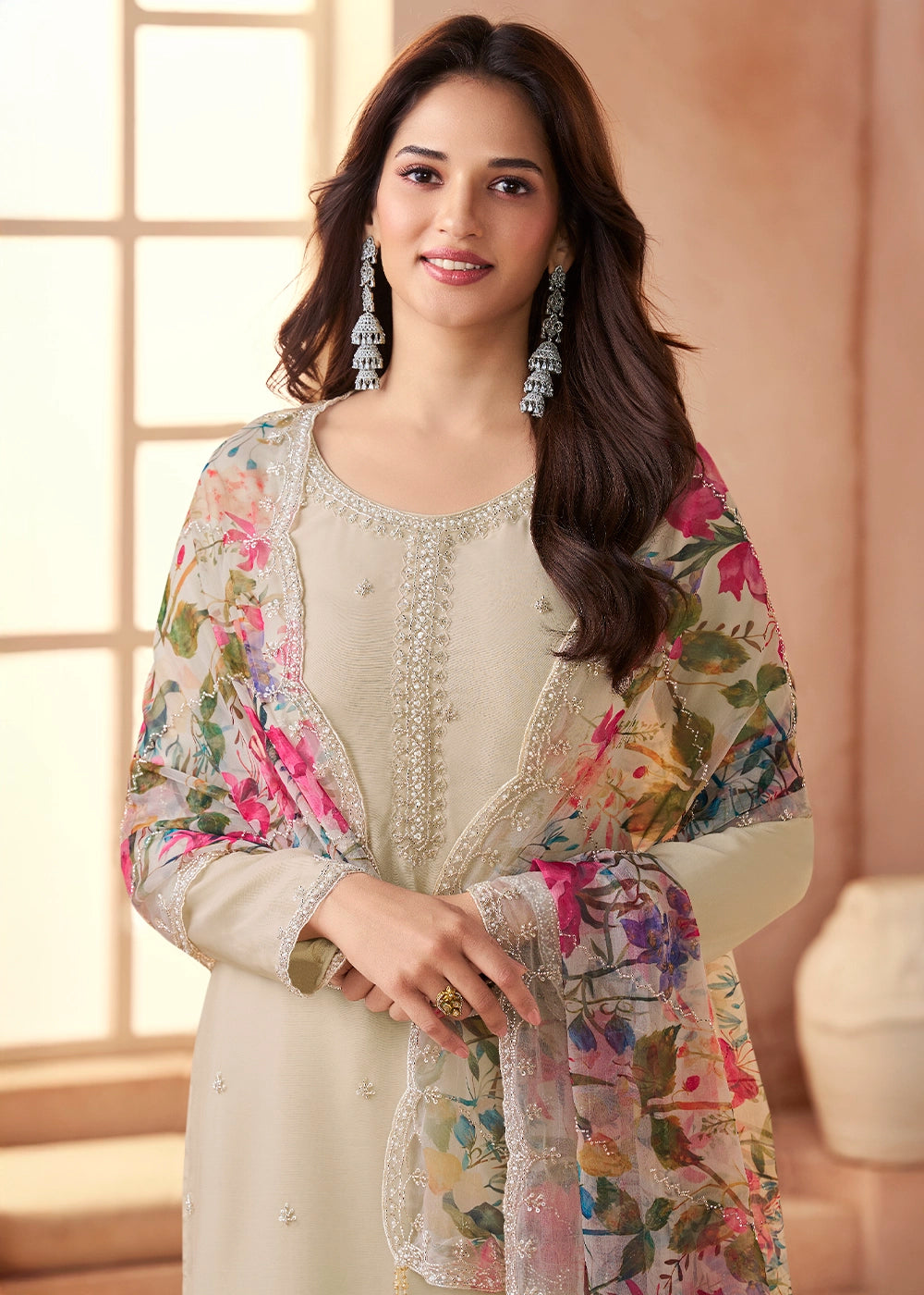 Dove Grey Organza Chiffon Pant Suit Set with Floral Printed Dupatta