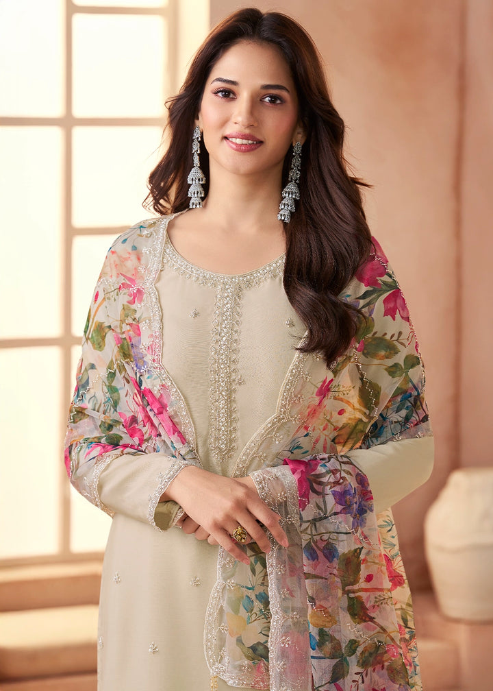 Dove Grey Organza Chiffon Pant Suit Set with Floral Printed Dupatta