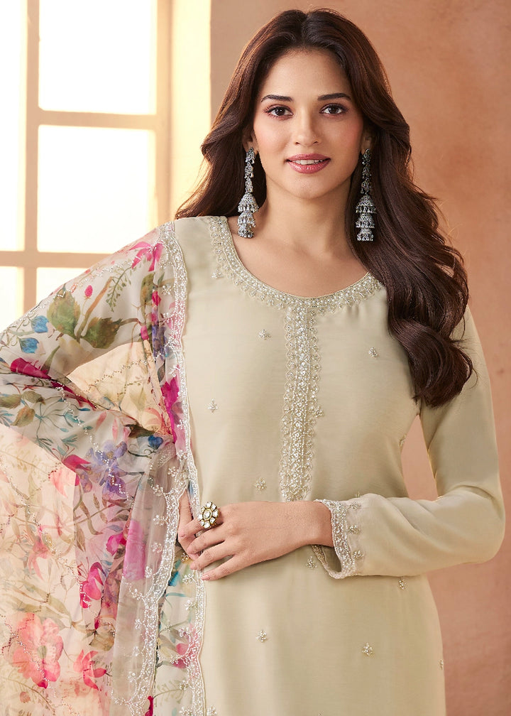 Dove Grey Organza Chiffon Pant Suit Set with Floral Printed Dupatta