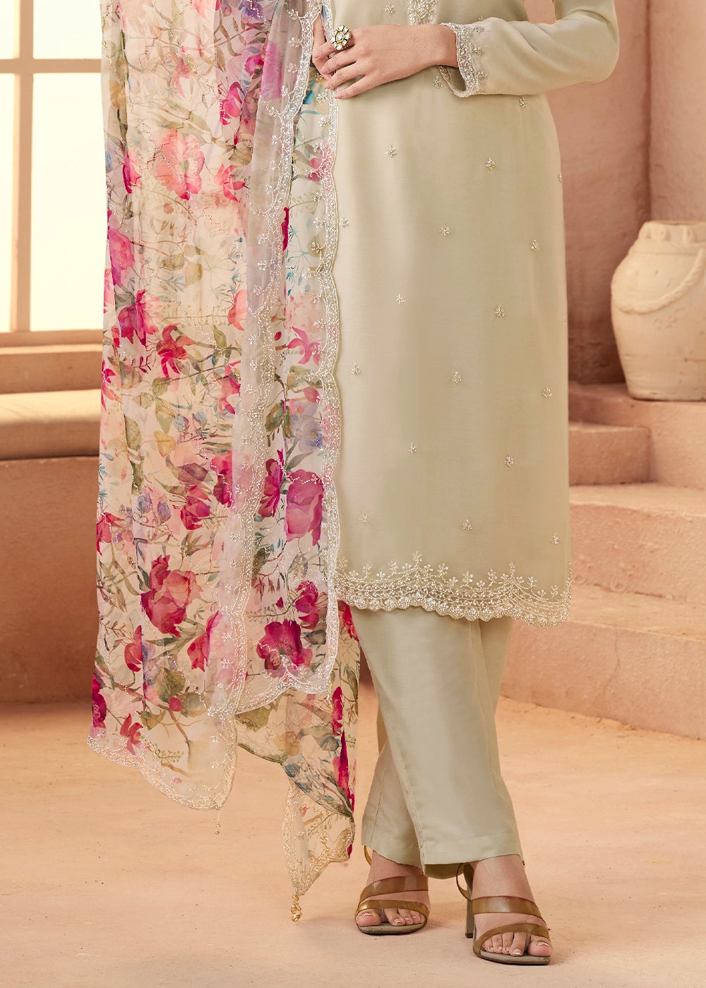 Dove Grey Organza Chiffon Pant Suit Set with Floral Printed Dupatta