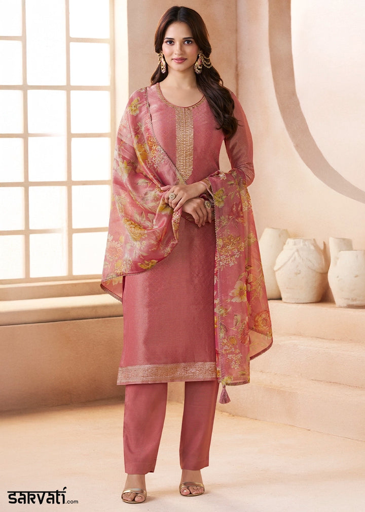 Crayola Mauve Purple Silk Pant Suit Set with Fine Embroidery