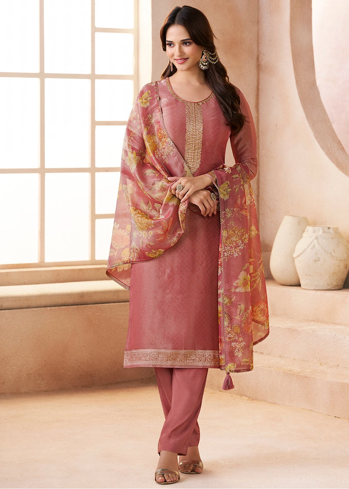 Crayola Mauve Purple Silk Pant Suit Set with Fine Embroidery