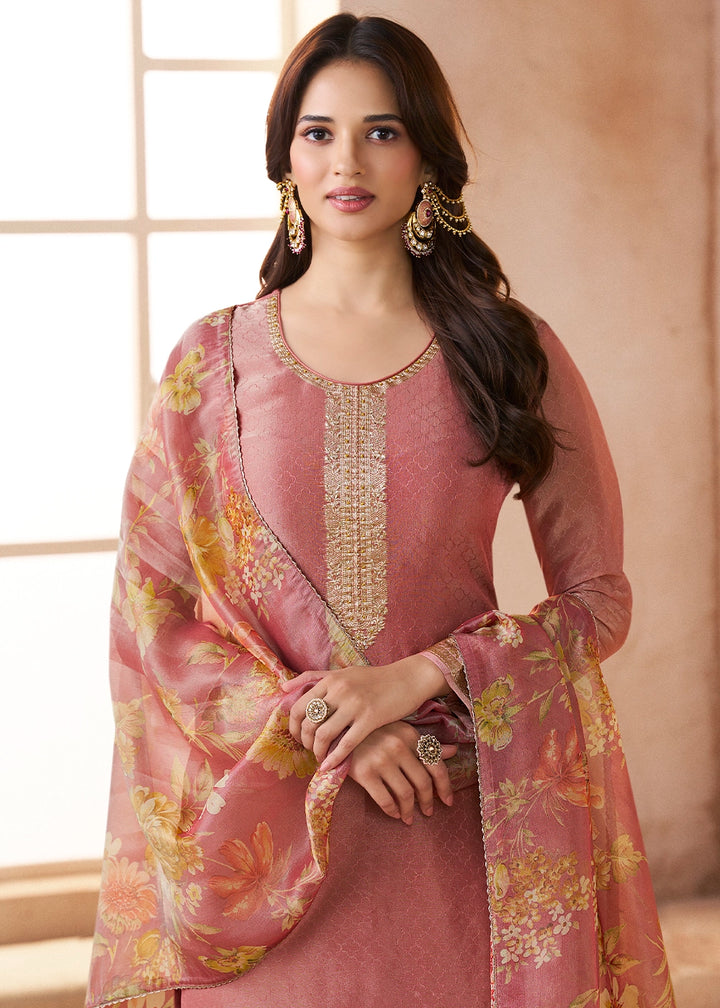 Crayola Mauve Purple Silk Pant Suit Set with Fine Embroidery