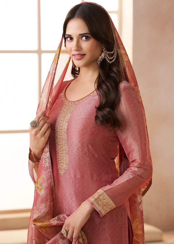 Crayola Mauve Purple Silk Pant Suit Set with Fine Embroidery