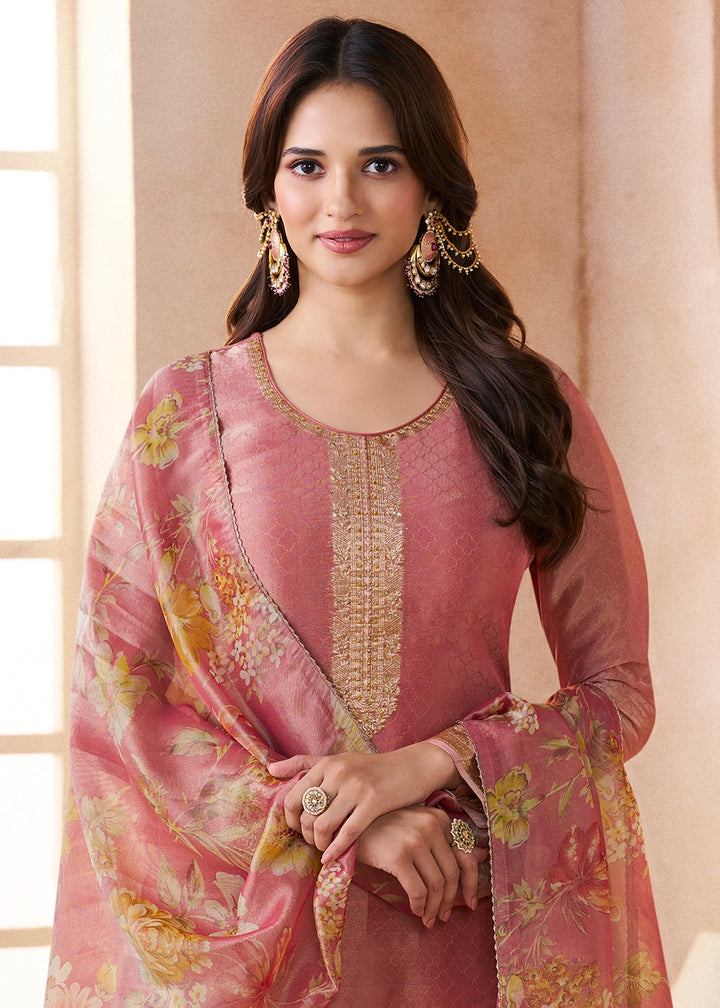 Crayola Mauve Purple Silk Pant Suit Set with Fine Embroidery