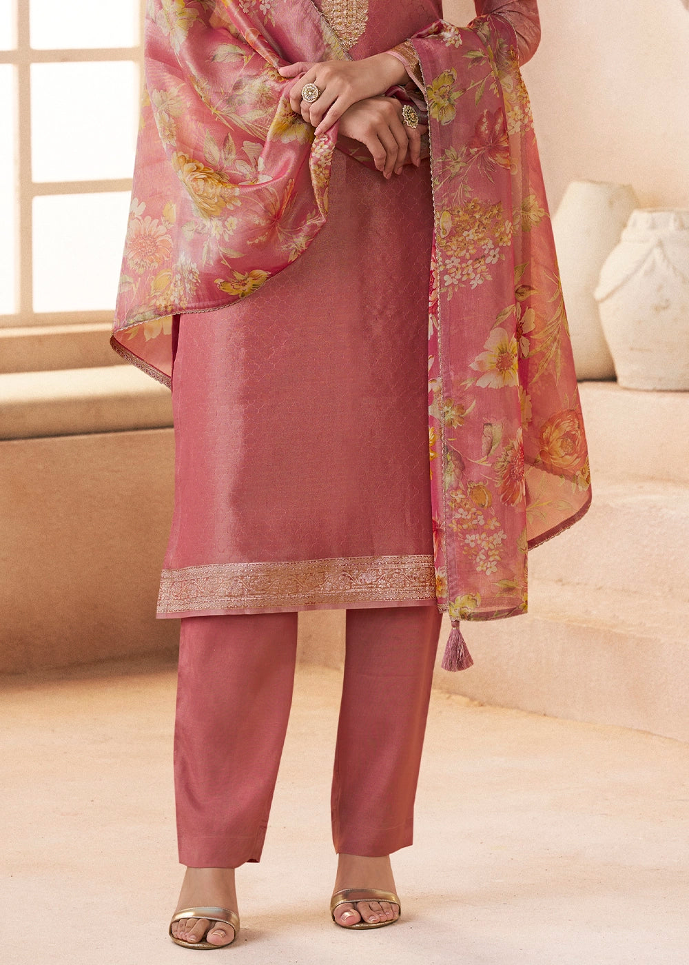 Crayola Mauve Purple Silk Pant Suit Set with Fine Embroidery