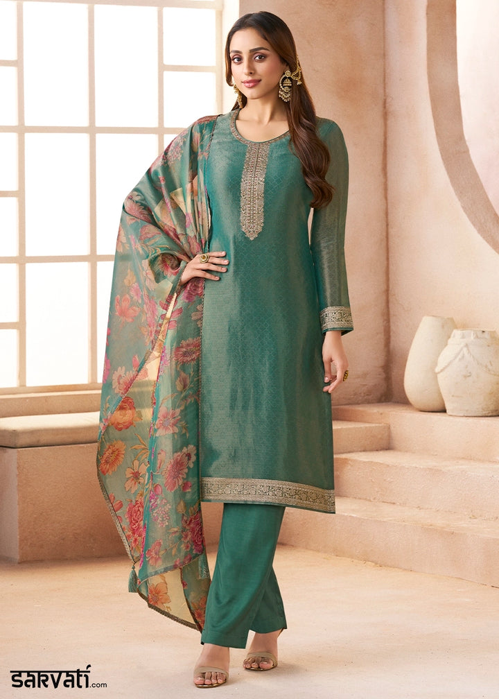 Paris Green Silk Pant Suit Set with Fine Embroidery
