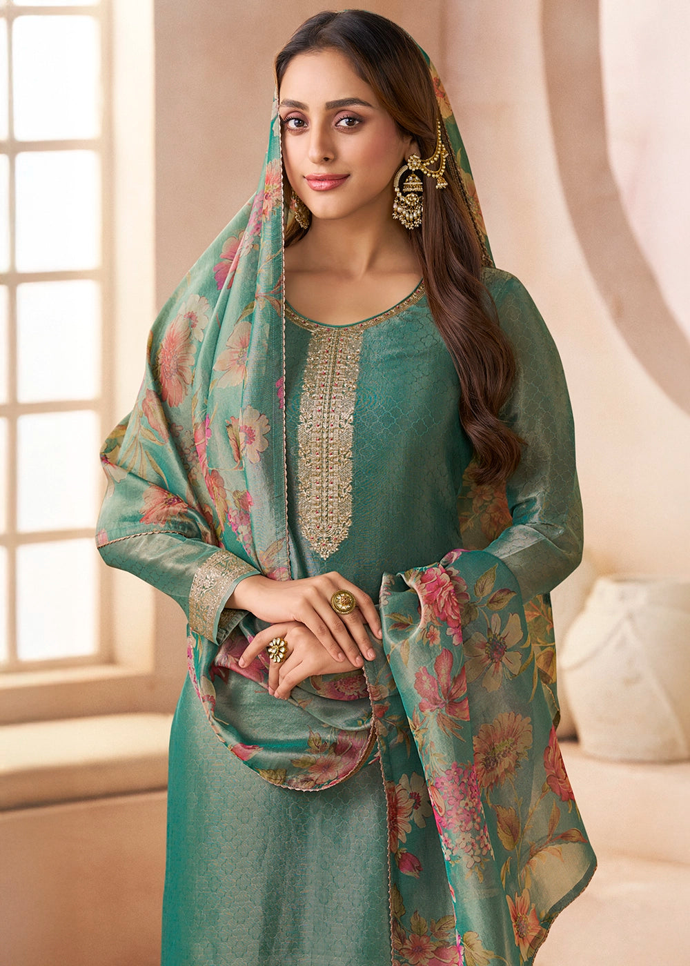 Paris Green Silk Pant Suit Set with Fine Embroidery