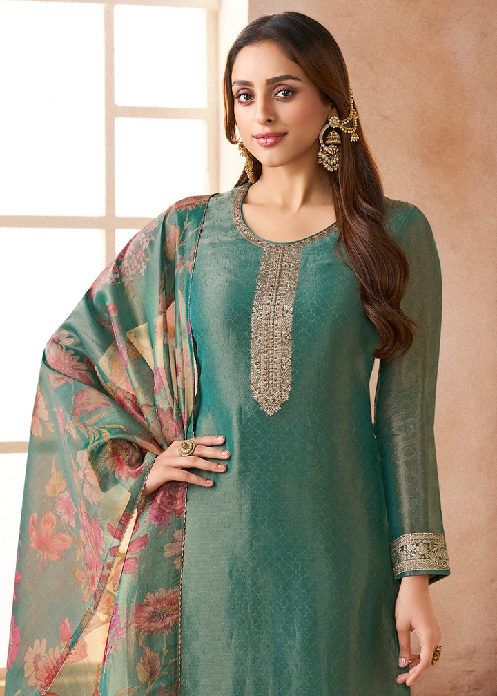 Paris Green Silk Pant Suit Set with Fine Embroidery