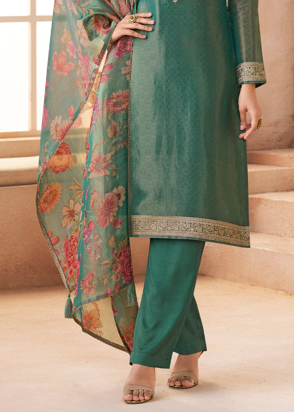 Paris Green Silk Pant Suit Set with Fine Embroidery
