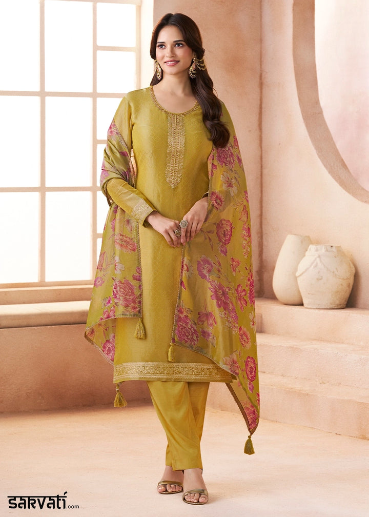 Mustard Yellow Silk Pant Suit Set with Fine Embroidery