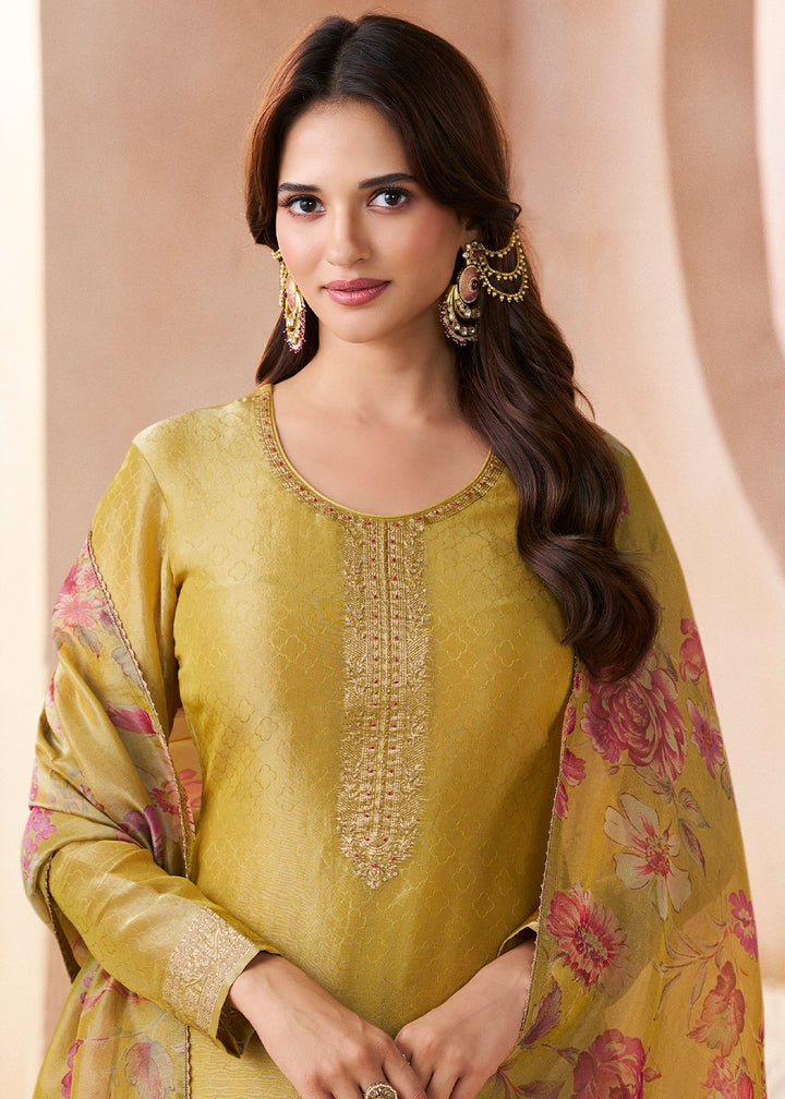 Mustard Yellow Silk Pant Suit Set with Fine Embroidery