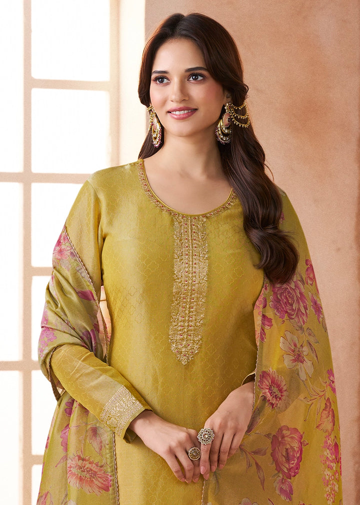 Mustard Yellow Silk Pant Suit Set with Fine Embroidery