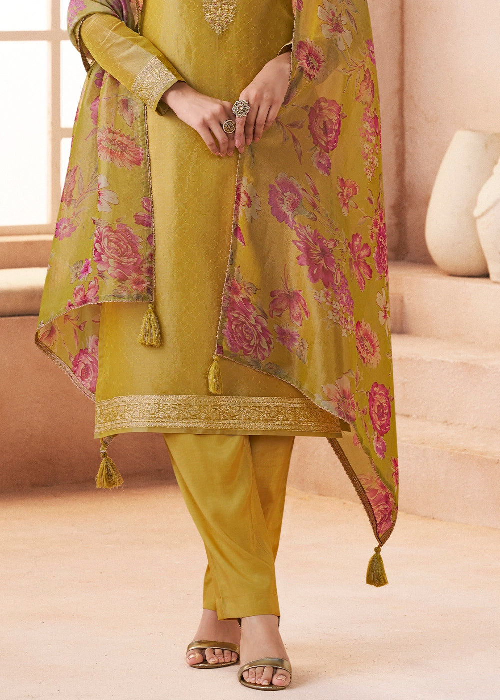 Mustard Yellow Silk Pant Suit Set with Fine Embroidery
