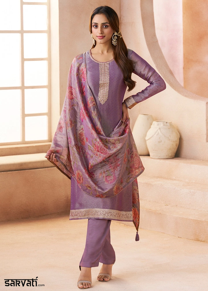 Medium Purple Silk Pant Suit Set with Fine Embroidery