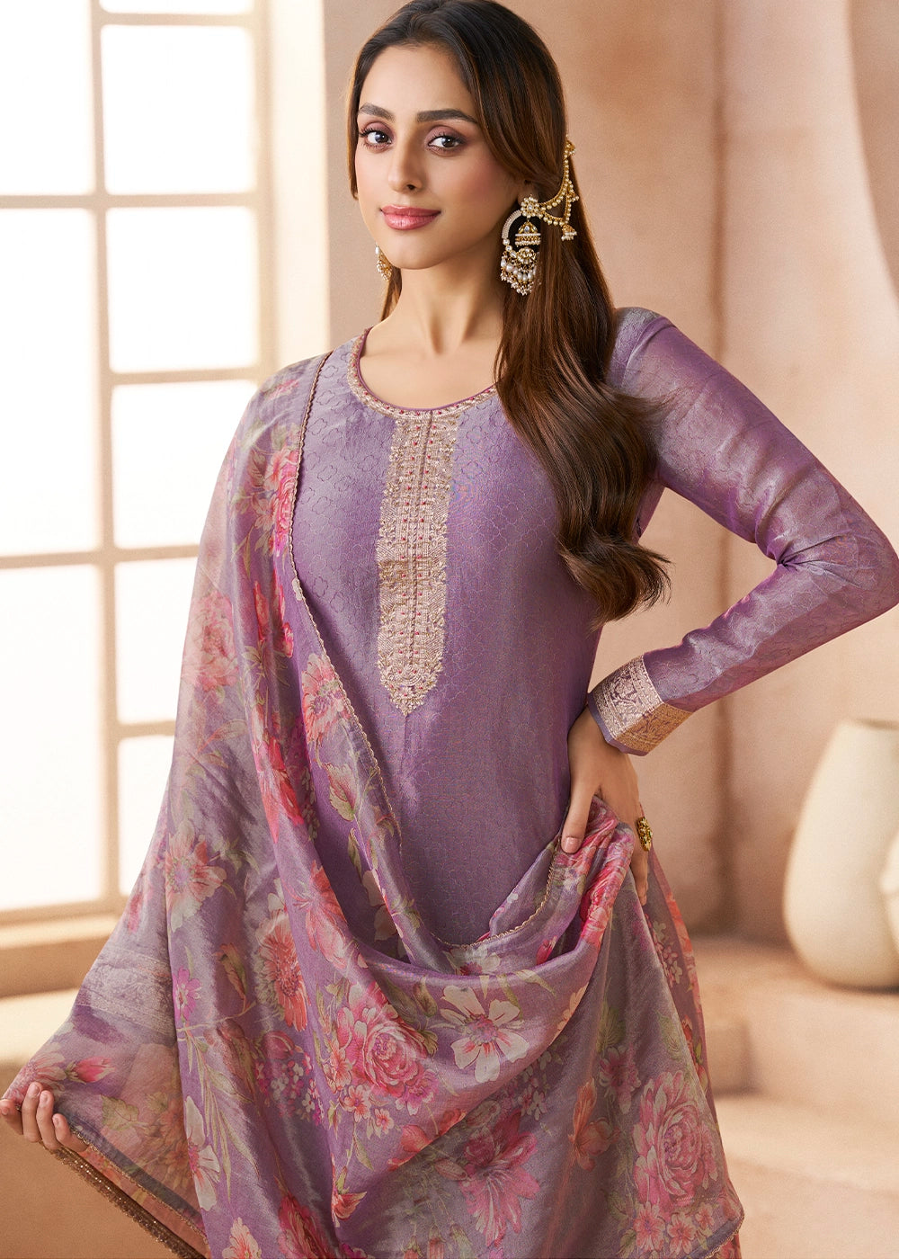 Medium Purple Silk Pant Suit Set with Fine Embroidery