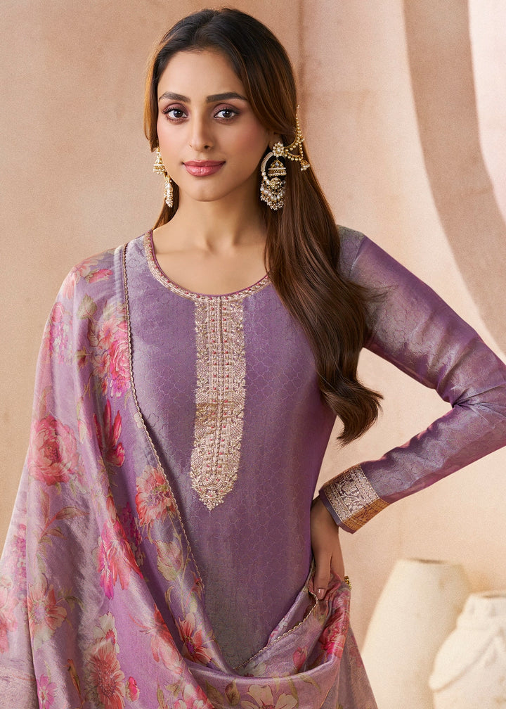 Medium Purple Silk Pant Suit Set with Fine Embroidery