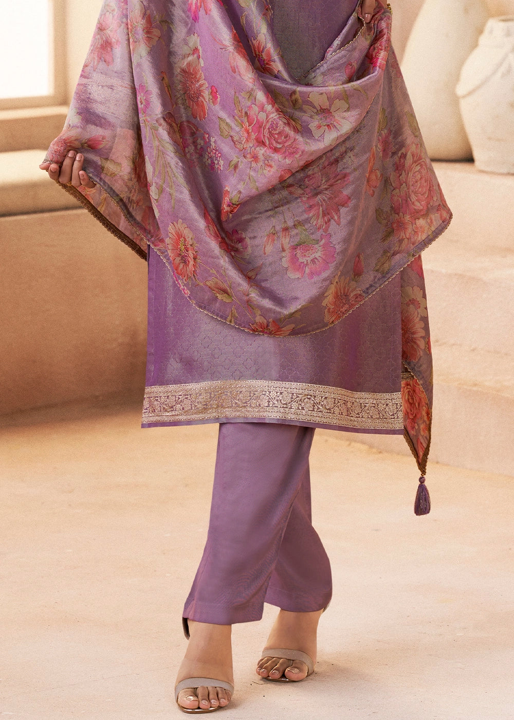 Medium Purple Silk Pant Suit Set with Fine Embroidery