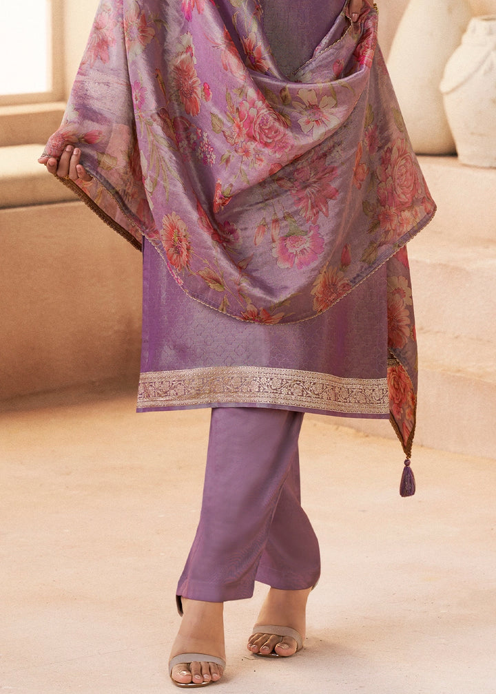 Medium Purple Silk Pant Suit Set with Fine Embroidery