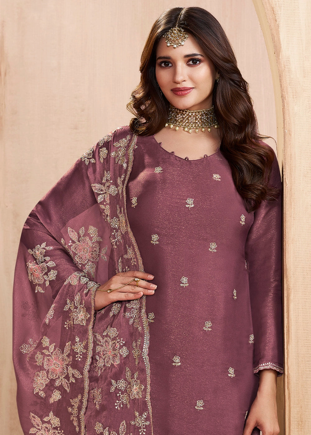 Wildberry Purple Silk Pant Suit Set with Intricate Floral Embroidery