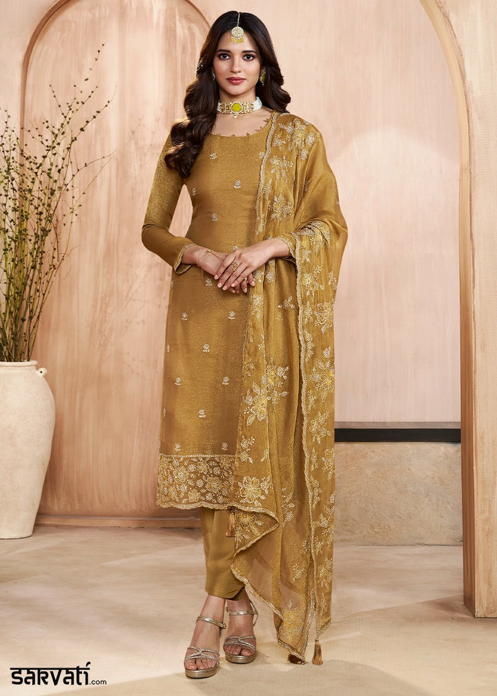 Mustard Yellow Silk Pant Suit Set with Intricate Floral Embroidery