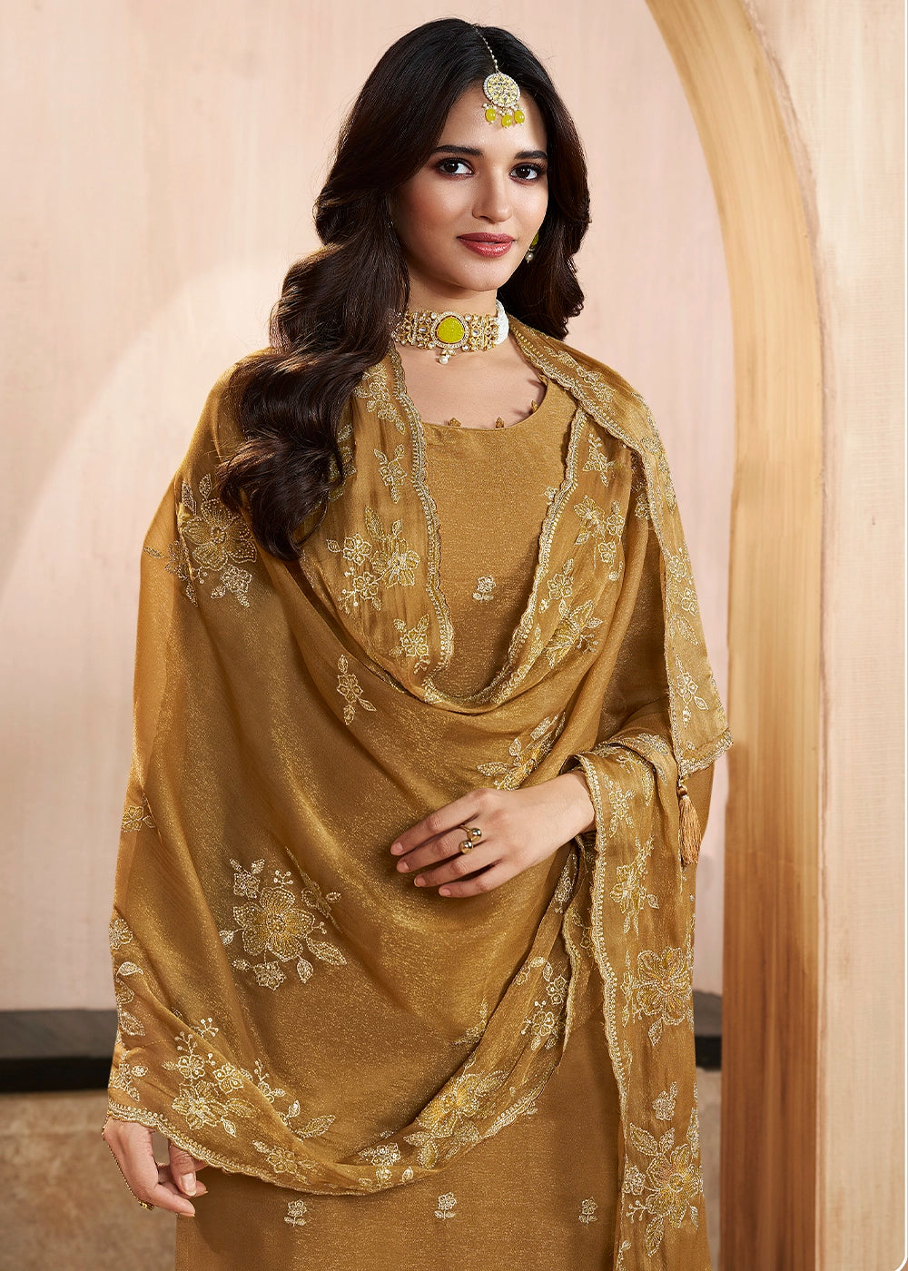 Mustard Yellow Silk Pant Suit Set with Intricate Floral Embroidery