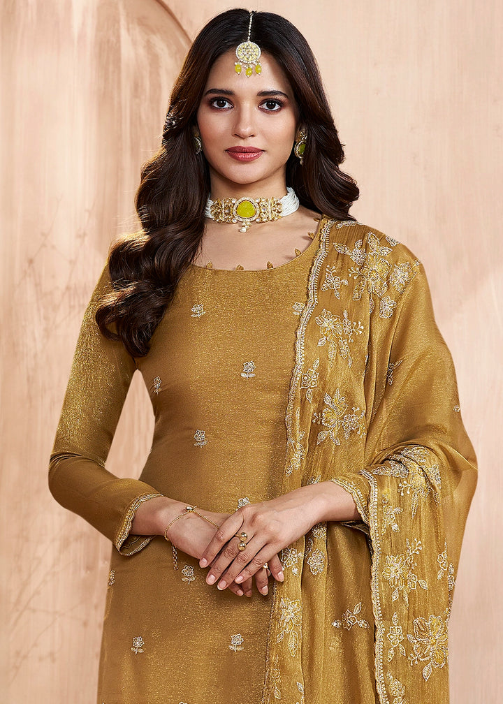 Mustard Yellow Silk Pant Suit Set with Intricate Floral Embroidery