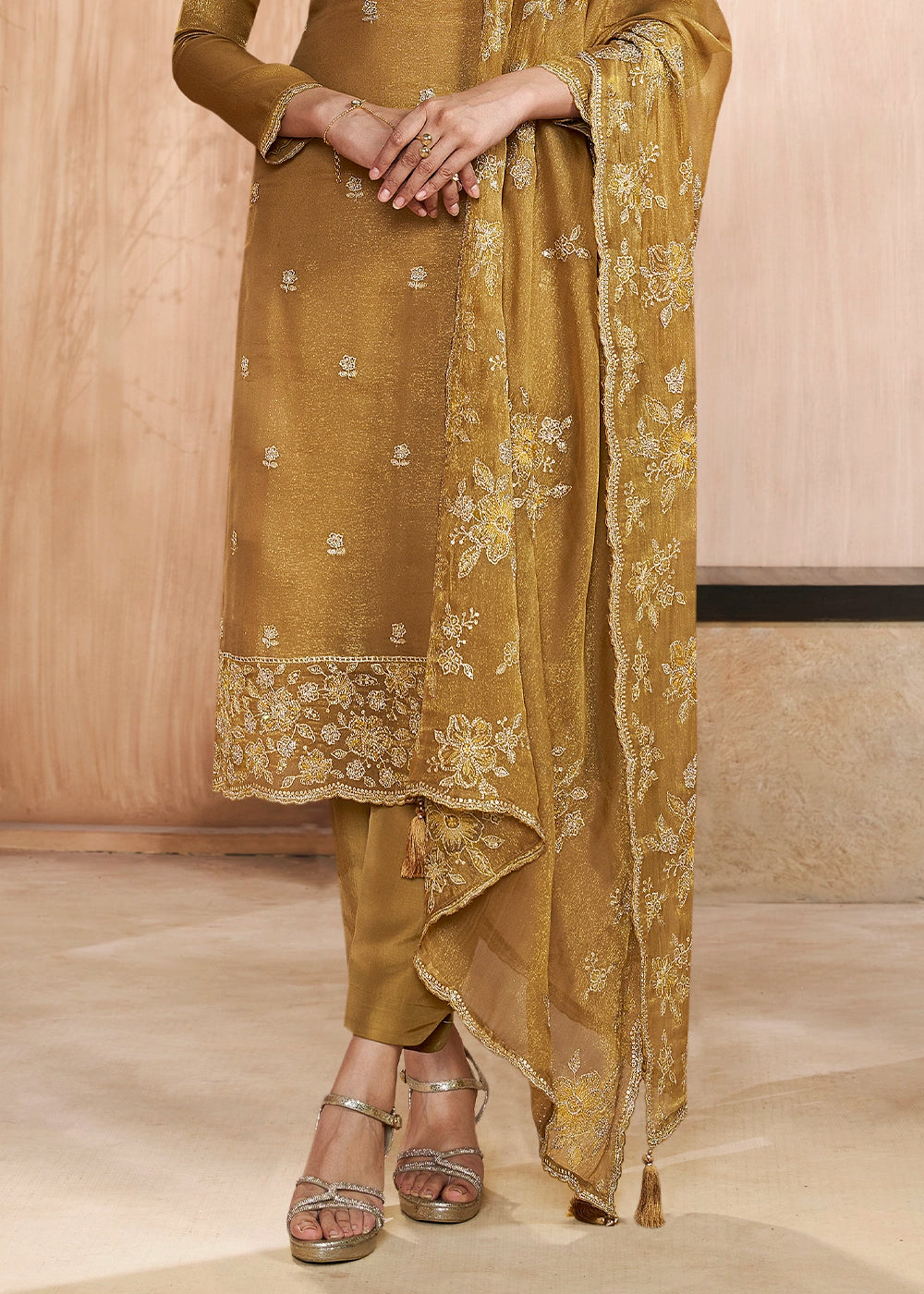 Mustard Yellow Silk Pant Suit Set with Intricate Floral Embroidery