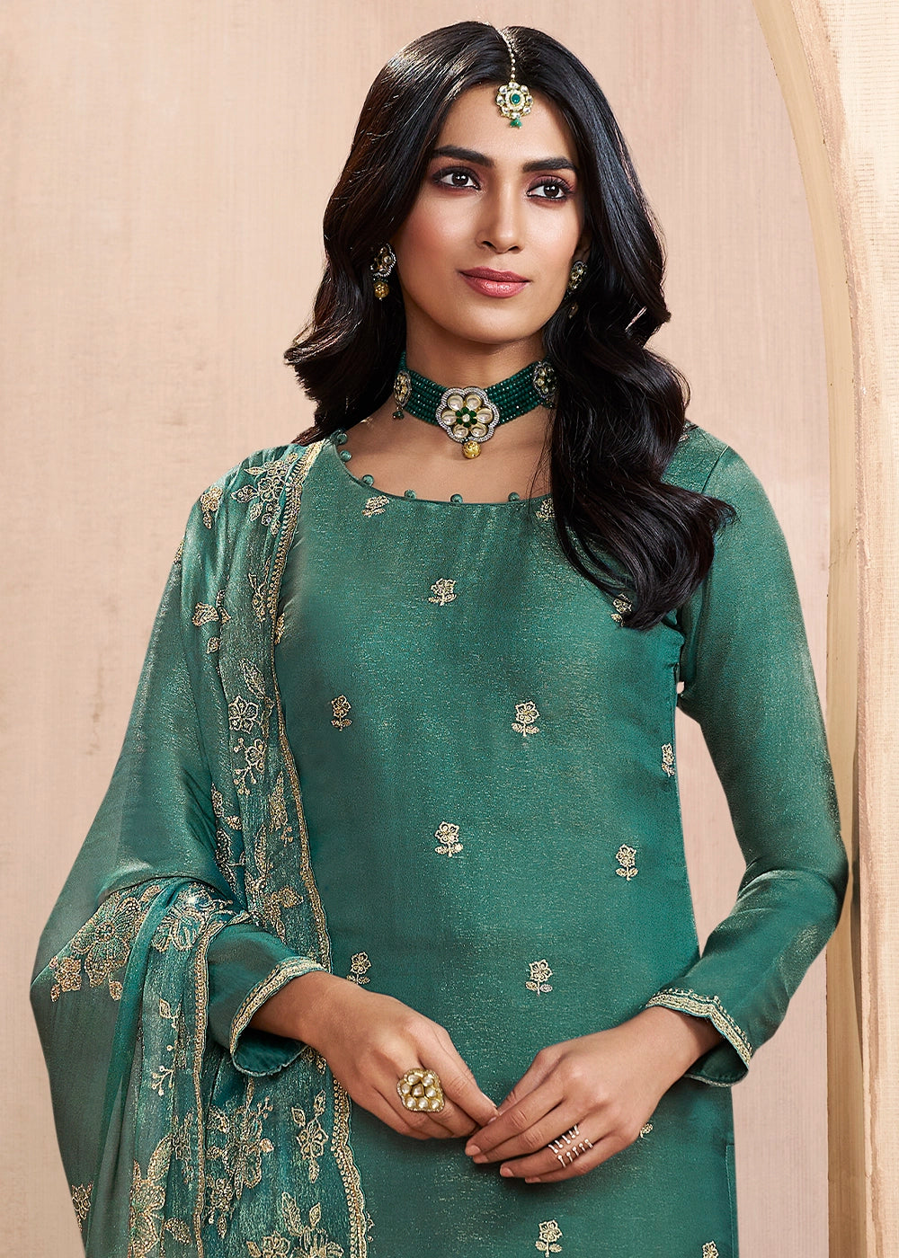 Dark Cyan Green Silk Pant Suit Set with Intricate Floral Embroidery