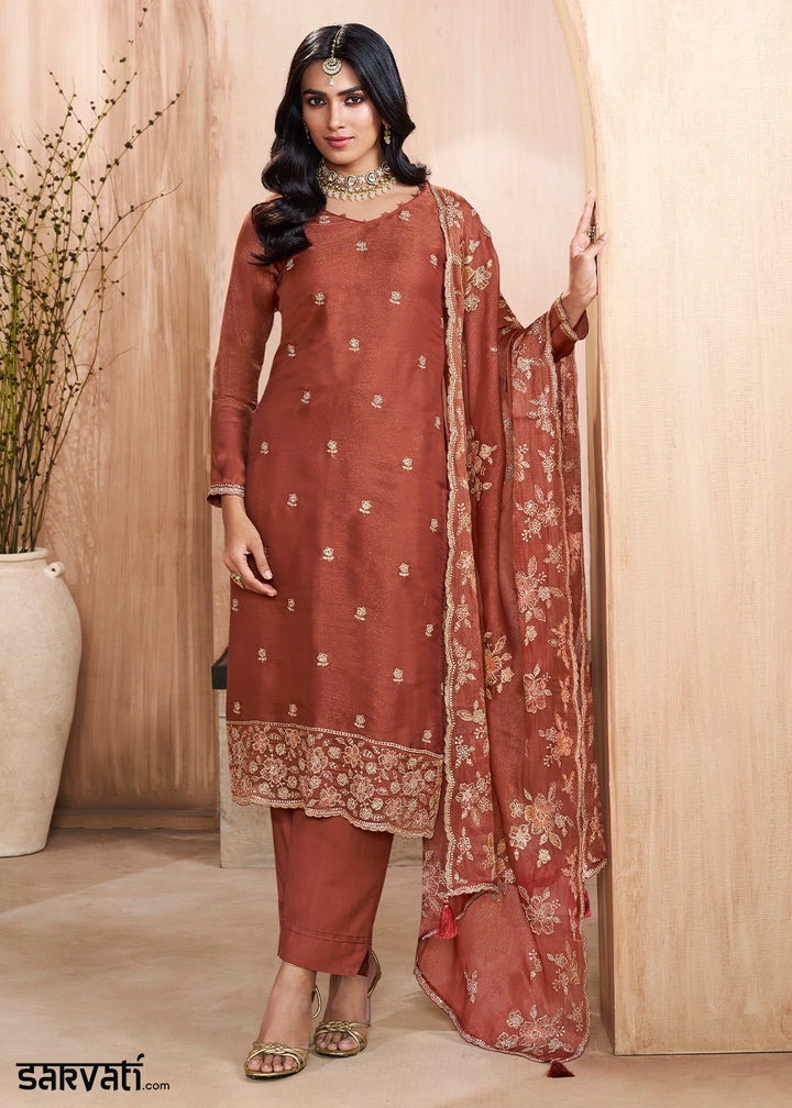 Chestnut Brown Silk Pant Suit Set with Intricate Floral Embroidery