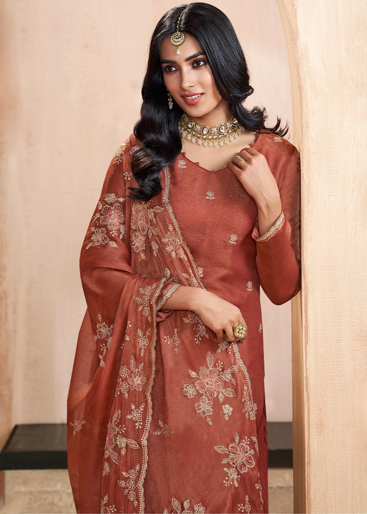 Chestnut Brown Silk Pant Suit Set with Intricate Floral Embroidery