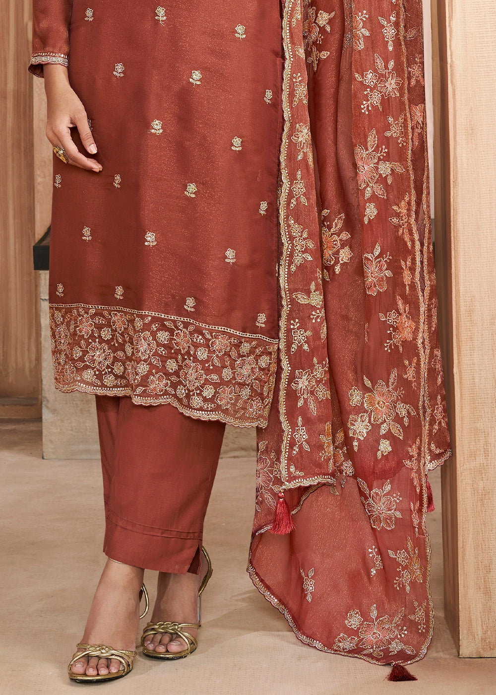 Chestnut Brown Silk Pant Suit Set with Intricate Floral Embroidery