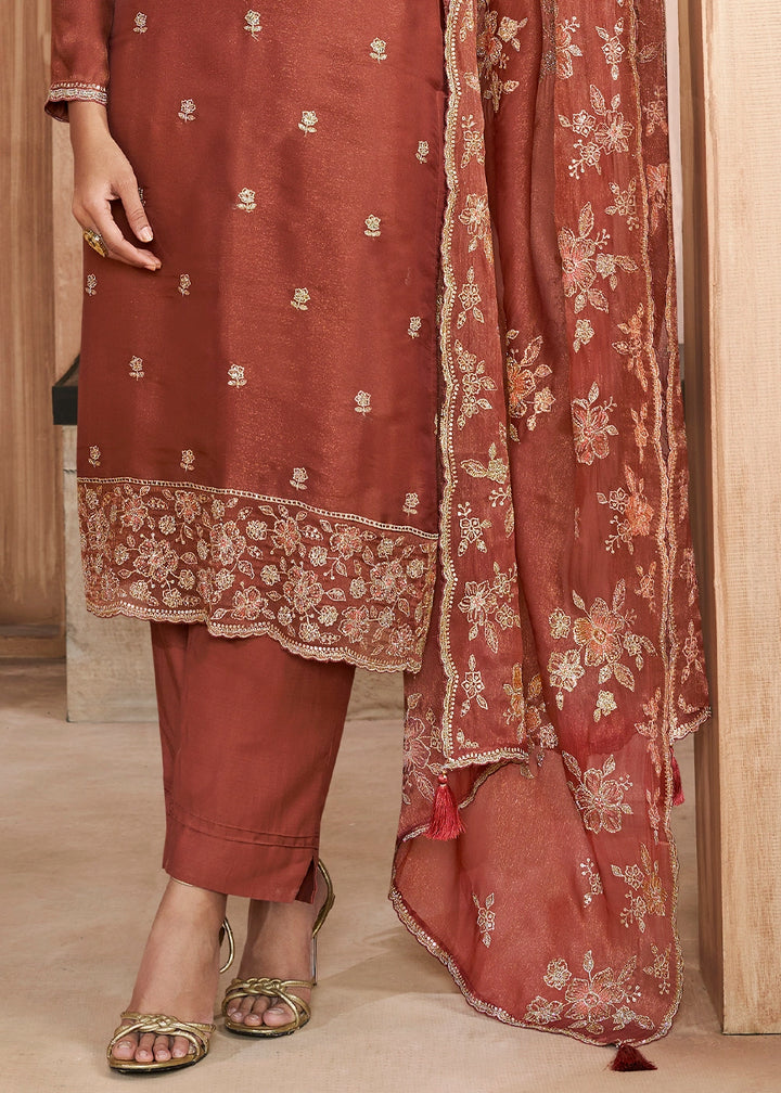 Chestnut Brown Silk Pant Suit Set with Intricate Floral Embroidery