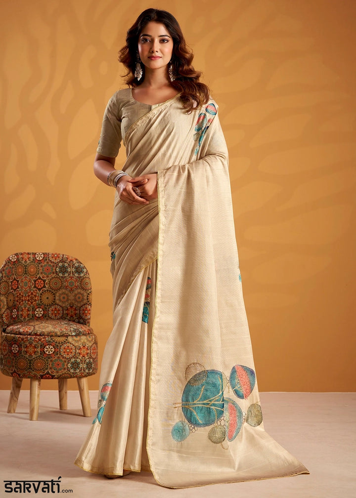 Cream Brown Hand-Embroidered Tussar Silk Saree with Intricate Kashida Work