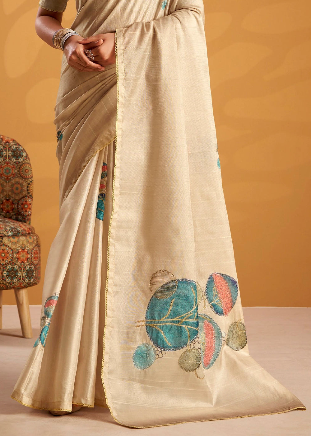 Cream Brown Hand-Embroidered Tussar Silk Saree with Intricate Kashida Work
