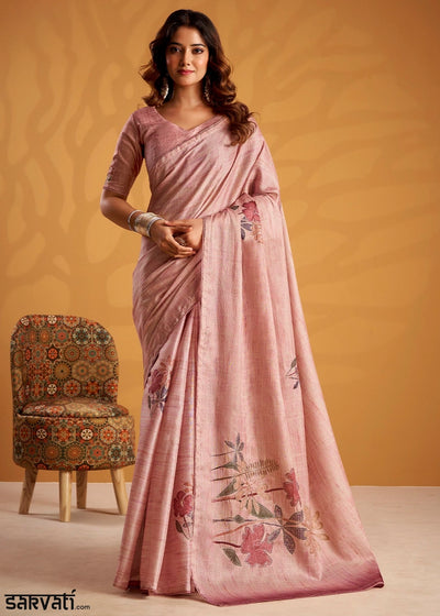 Carnation Pink Hand-Embroidered Tussar Silk Saree with Intricate Kashida Work