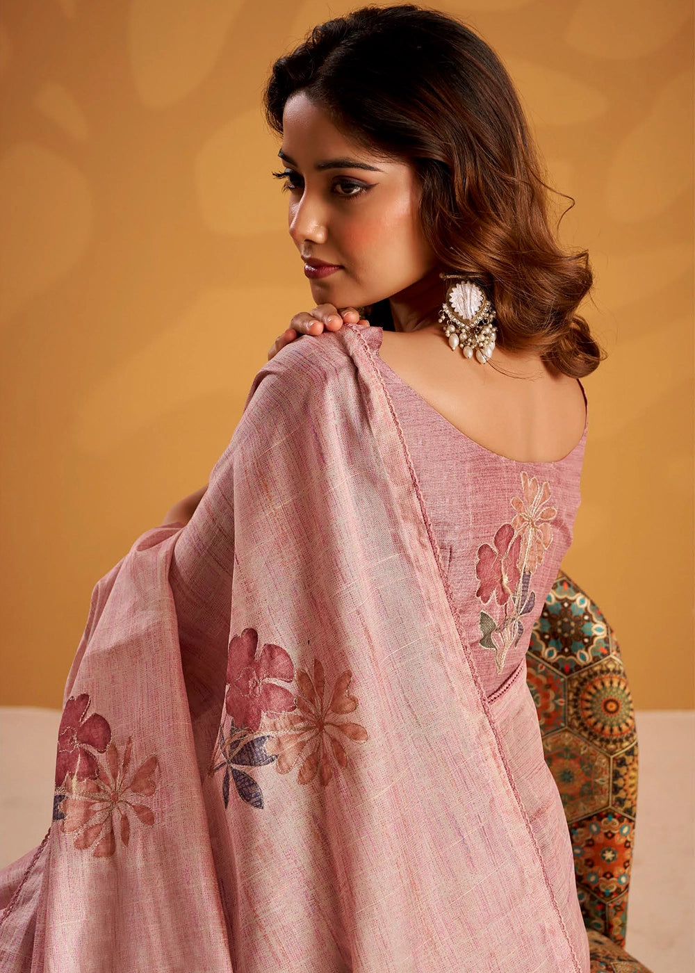Carnation Pink Hand-Embroidered Tussar Silk Saree with Intricate Kashida Work